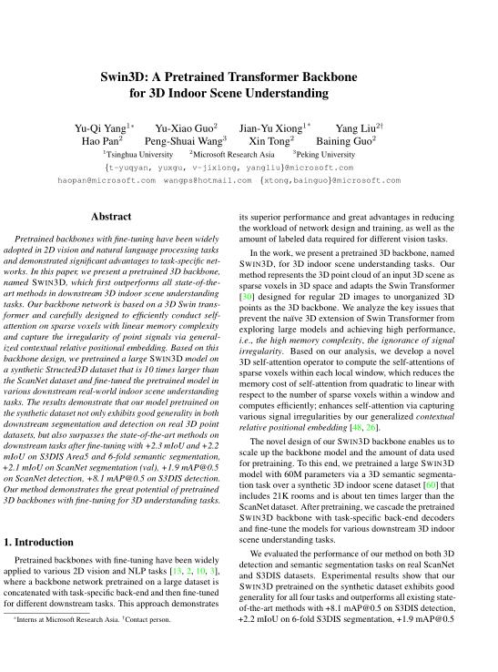 Swin3D：一个用于3D室内场景理解的预先训练的Transformer主干  PDF 下载 图1