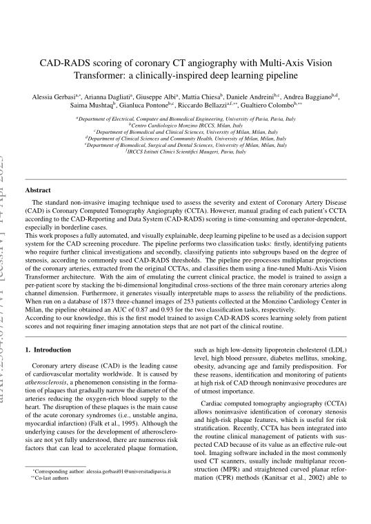 多轴视觉转换器冠状动脉CT血管成像的CAD-RADS评分：临床启发的深度学习管道   PDF 下载 图1
