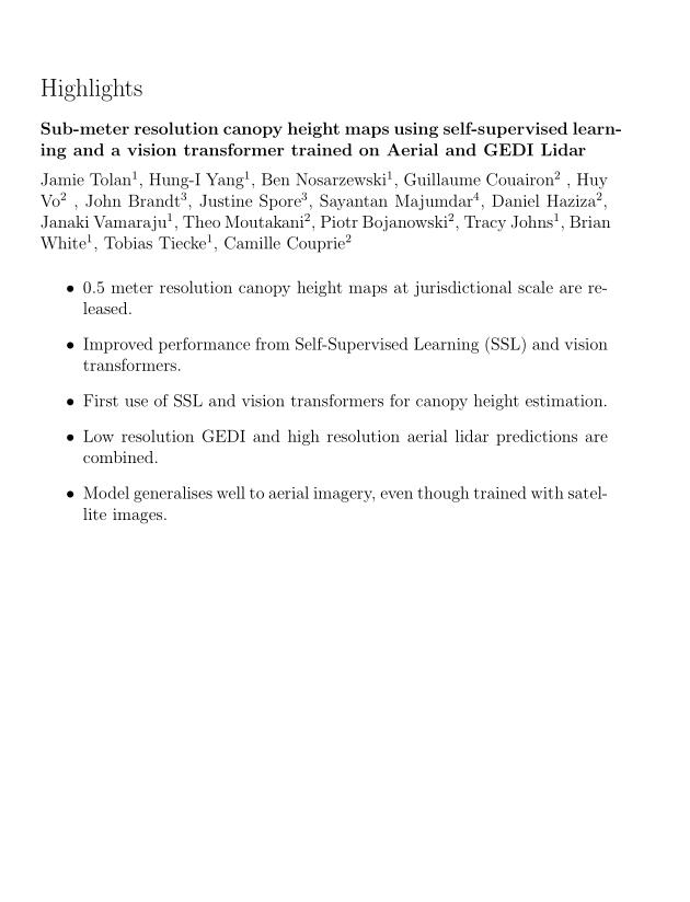 使用自我监督学习的亚米分辨率冠层高度图和用于航空和GEDI激光雷达训练的视觉转换器 图1