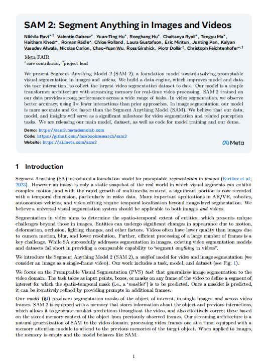 【计算机视觉】基于Transformer的视频图像统一分割模型：SAM 2的流式记忆架构与大规模SA-V数据集构建 PDF 下载 图1